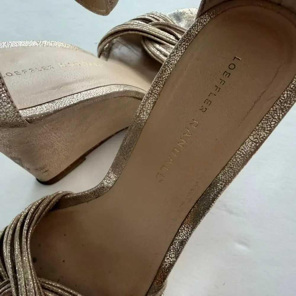 Loefller Randall Allegra Wedge Heels Sandals Gold Size 9 Open Toe Ankle Strap